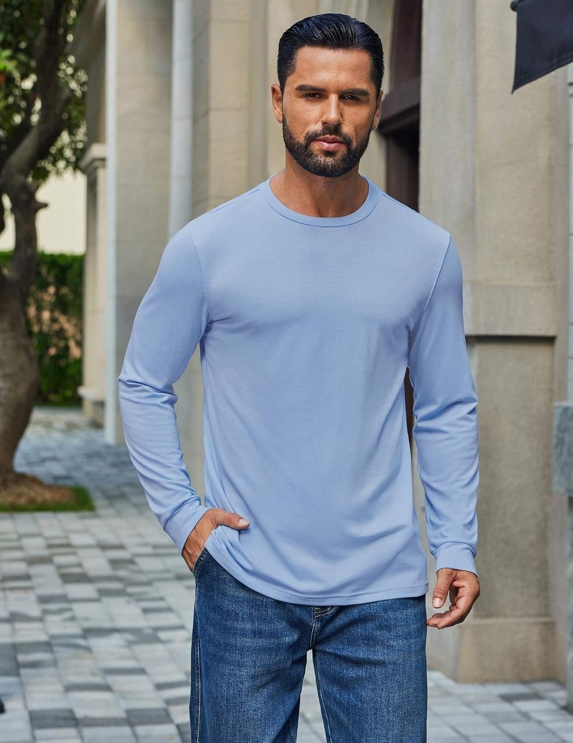 image:imageCOOFANDY Mens T Shirts Long Sleeve Cotton Blend TShirts Crew Neck Soft Casual Basic Tee ShirtsClear Blue