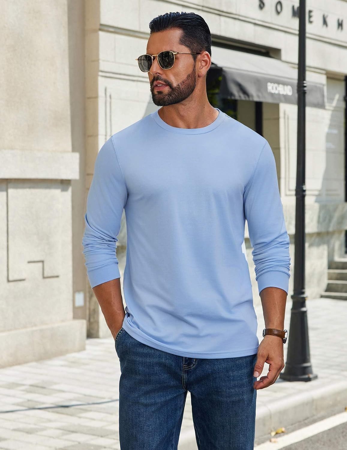 image:imageCOOFANDY Mens T Shirts Long Sleeve Cotton Blend TShirts Crew Neck Soft Casual Basic Tee ShirtsClear Blue