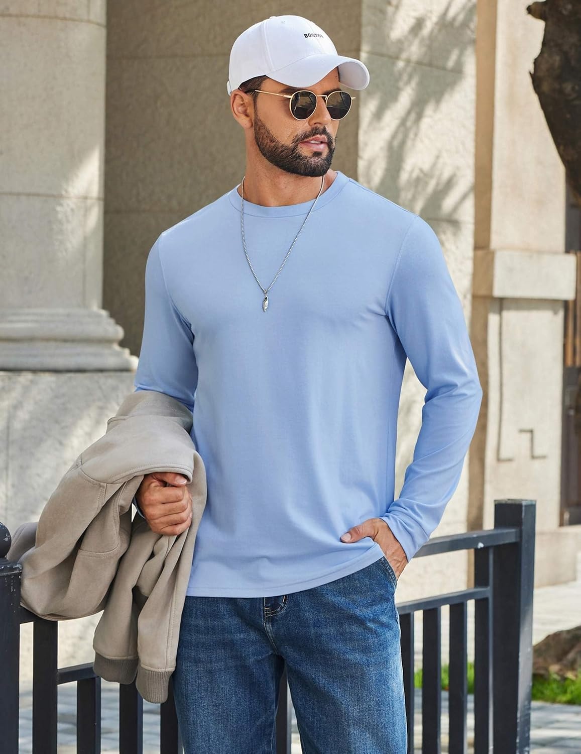 image:imageCOOFANDY Mens T Shirts Long Sleeve Cotton Blend TShirts Crew Neck Soft Casual Basic Tee ShirtsClear Blue