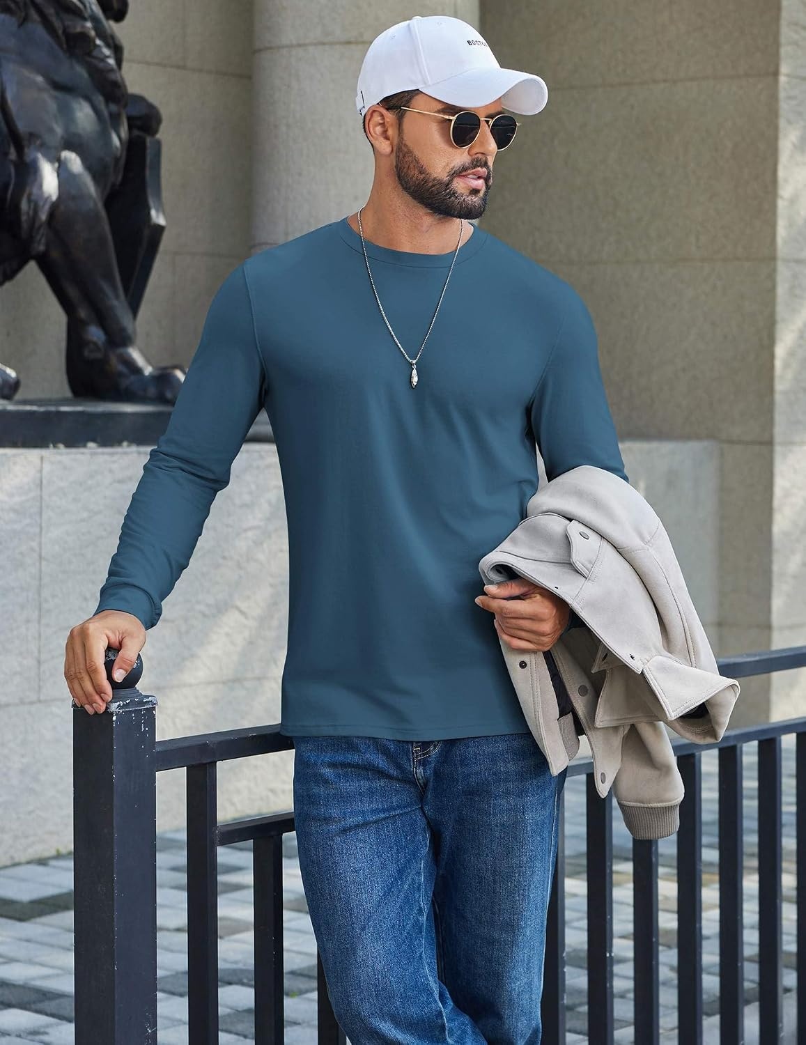 image:imageCOOFANDY Mens T Shirts Long Sleeve Cotton Blend TShirts Crew Neck Soft Casual Basic Tee ShirtsDark Blue