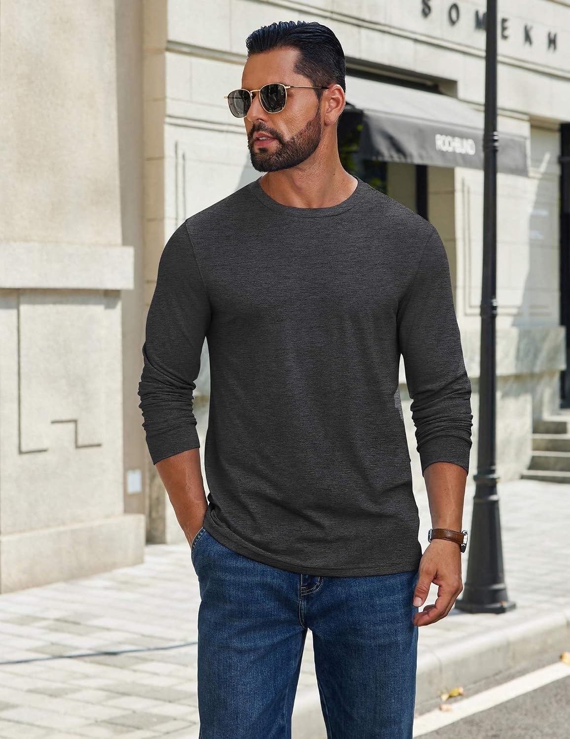 image:imageCOOFANDY Mens T Shirts Long Sleeve Cotton Blend TShirts Crew Neck Soft Casual Basic Tee ShirtsDark Grey