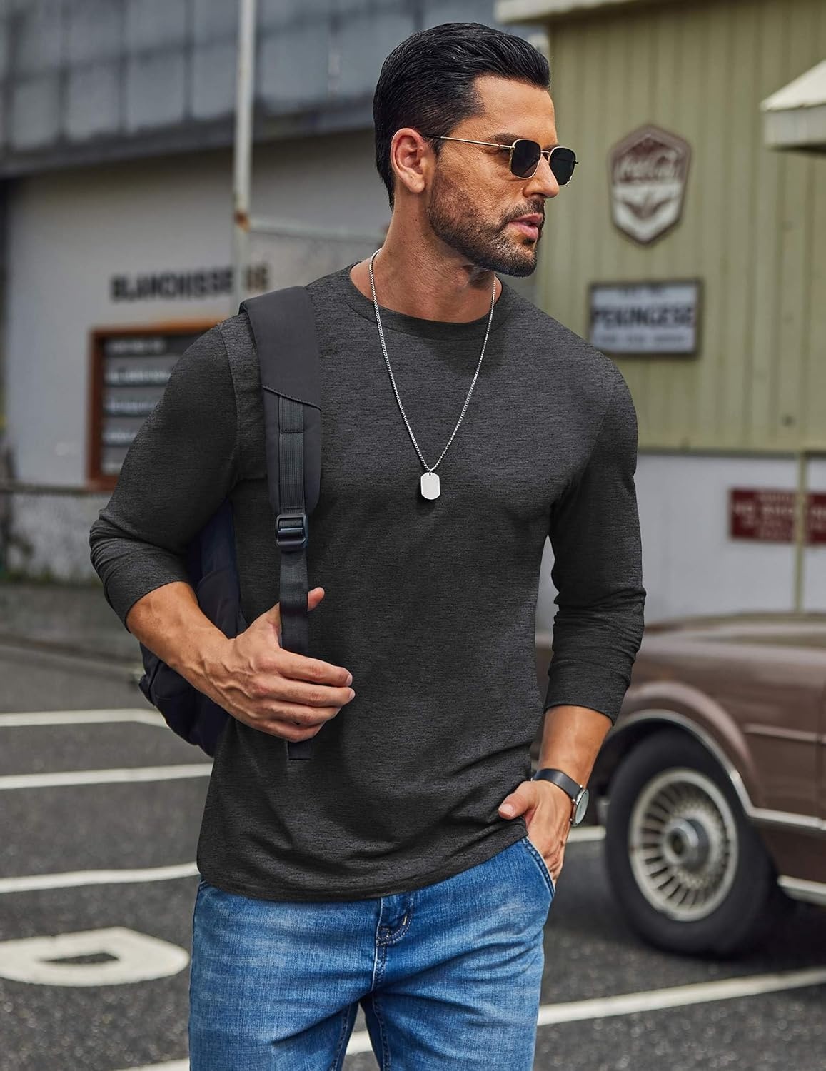 image:imageCOOFANDY Mens T Shirts Long Sleeve Cotton Blend TShirts Crew Neck Soft Casual Basic Tee ShirtsDark Grey