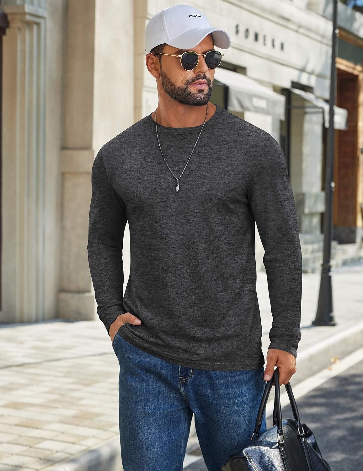 image:imageCOOFANDY Mens T Shirts Long Sleeve Cotton Blend TShirts Crew Neck Soft Casual Basic Tee ShirtsDark Grey