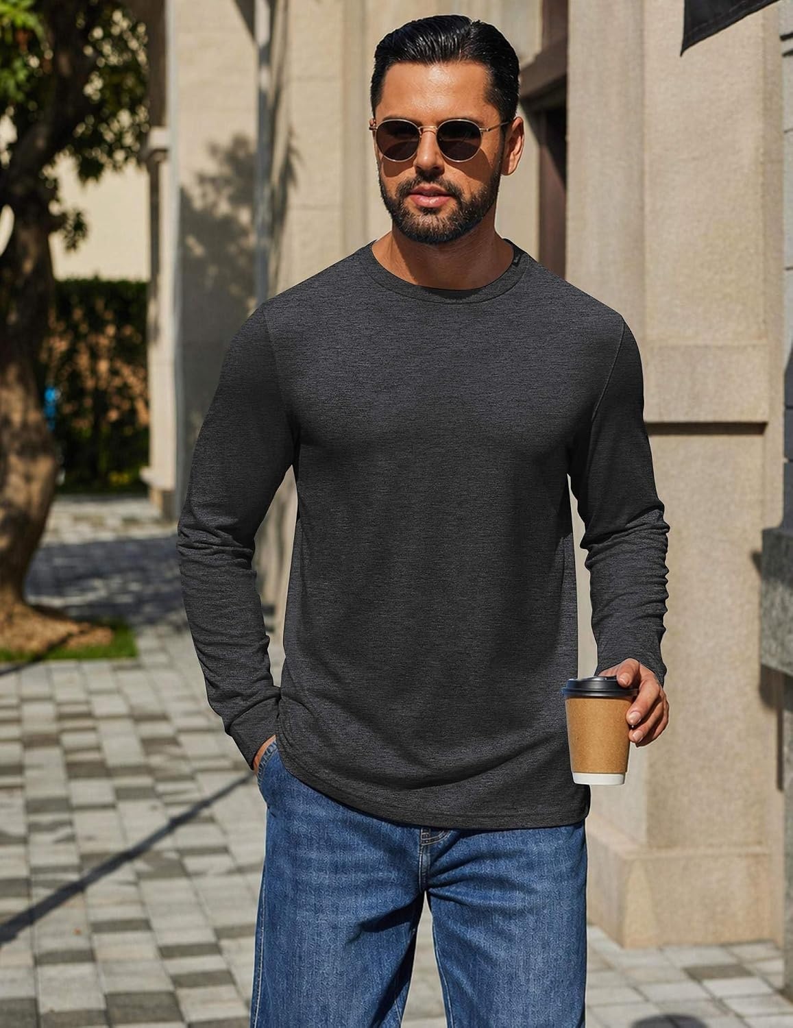image:imageCOOFANDY Mens T Shirts Long Sleeve Cotton Blend TShirts Crew Neck Soft Casual Basic Tee ShirtsDark Grey