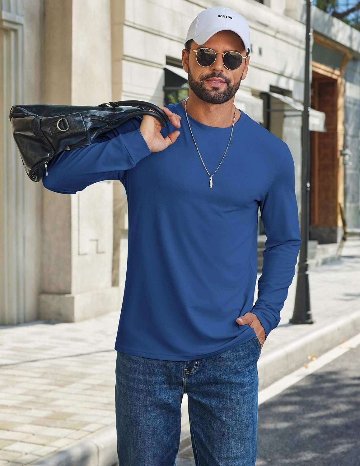 image:imageCOOFANDY Mens T Shirts Long Sleeve Cotton Blend TShirts Crew Neck Soft Casual Basic Tee ShirtsDeep Blue