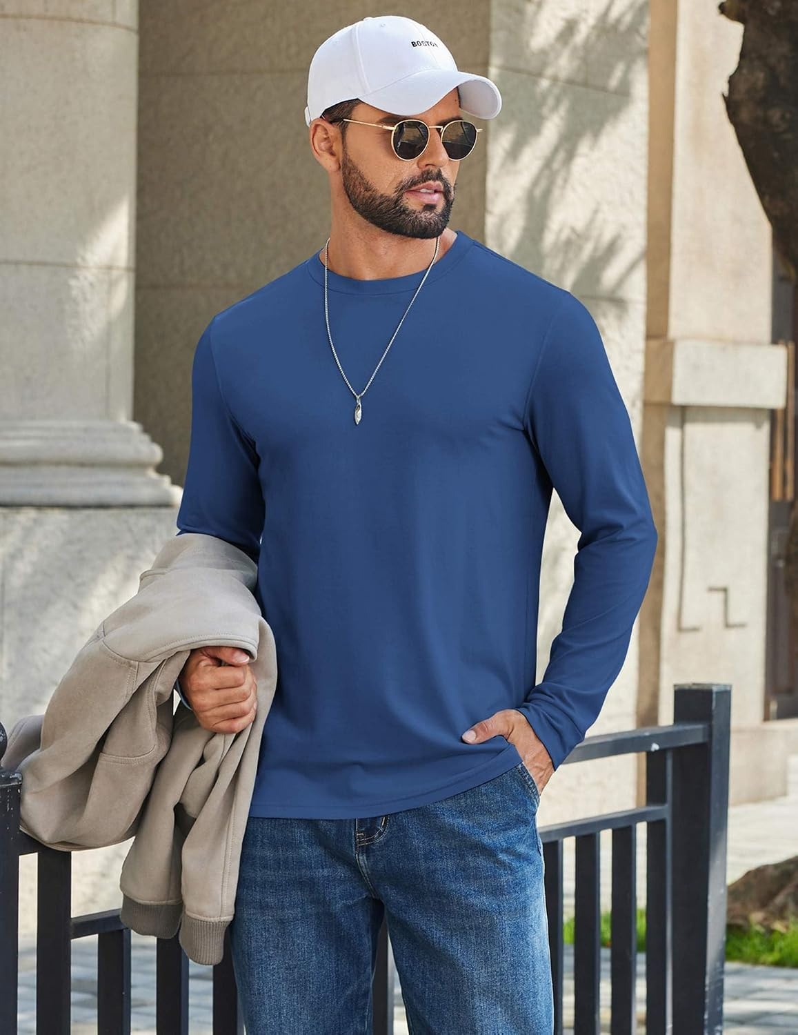 image:imageCOOFANDY Mens T Shirts Long Sleeve Cotton Blend TShirts Crew Neck Soft Casual Basic Tee ShirtsDeep Blue