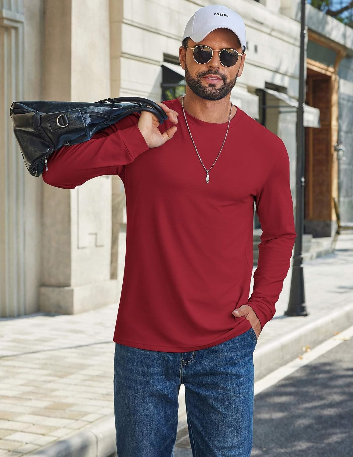 image:imageCOOFANDY Mens T Shirts Long Sleeve Cotton Blend TShirts Crew Neck Soft Casual Basic Tee ShirtsDeep Red