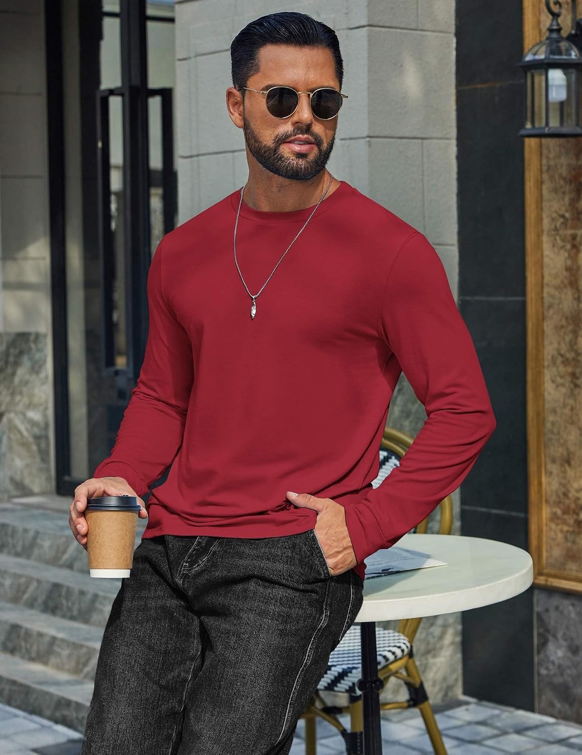 image:imageCOOFANDY Mens T Shirts Long Sleeve Cotton Blend TShirts Crew Neck Soft Casual Basic Tee ShirtsDeep Red