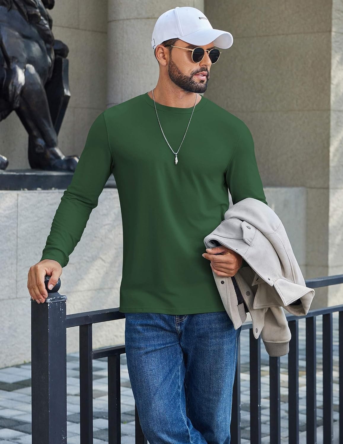 image:imageCOOFANDY Mens T Shirts Long Sleeve Cotton Blend TShirts Crew Neck Soft Casual Basic Tee ShirtsLake Green