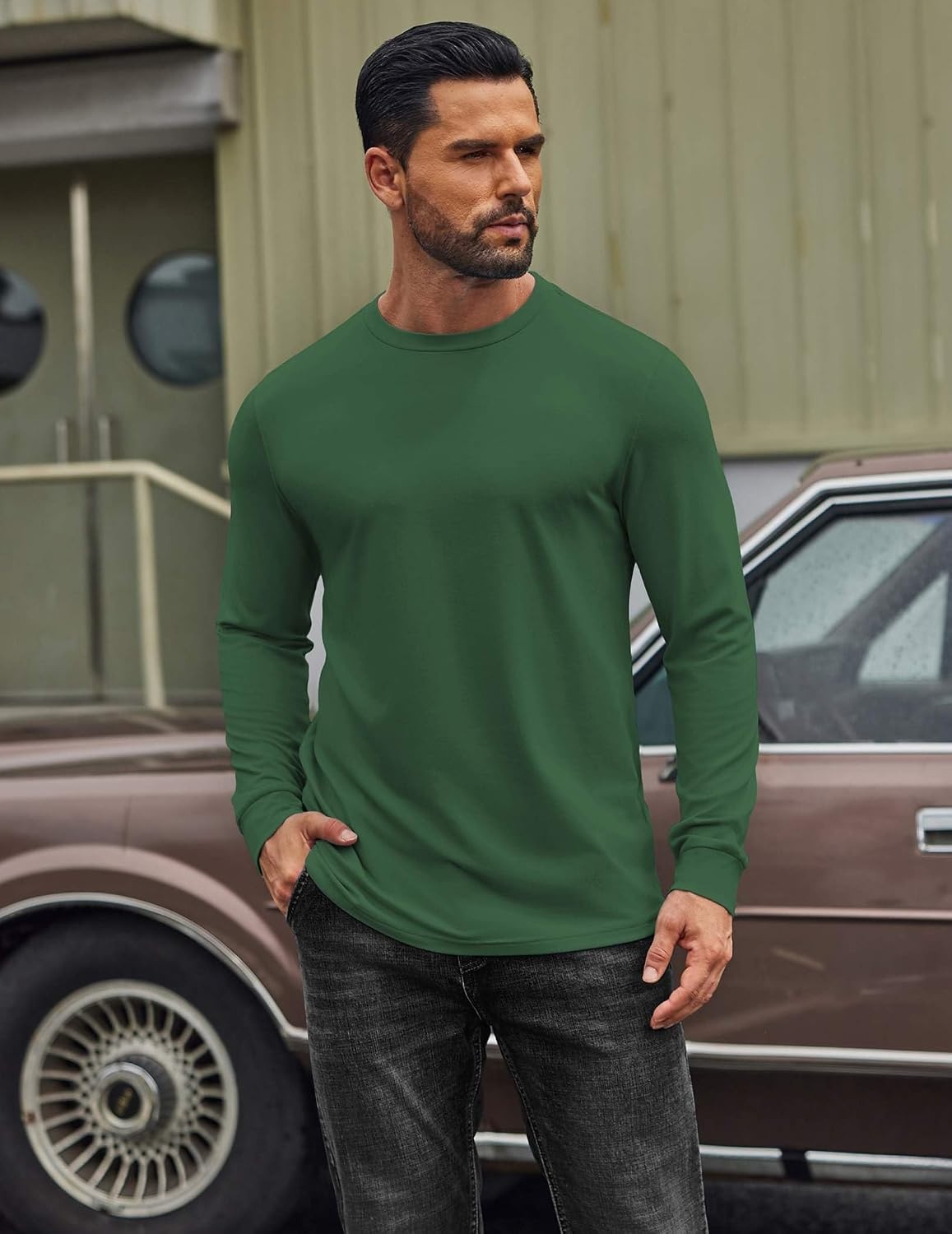 image:imageCOOFANDY Mens T Shirts Long Sleeve Cotton Blend TShirts Crew Neck Soft Casual Basic Tee ShirtsLake Green