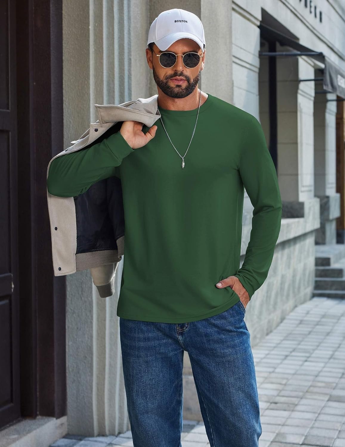image:imageCOOFANDY Mens T Shirts Long Sleeve Cotton Blend TShirts Crew Neck Soft Casual Basic Tee ShirtsLake Green
