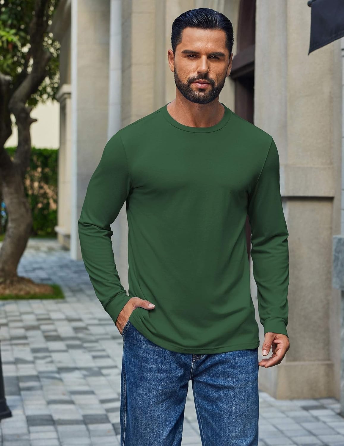 image:imageCOOFANDY Mens T Shirts Long Sleeve Cotton Blend TShirts Crew Neck Soft Casual Basic Tee ShirtsLake Green