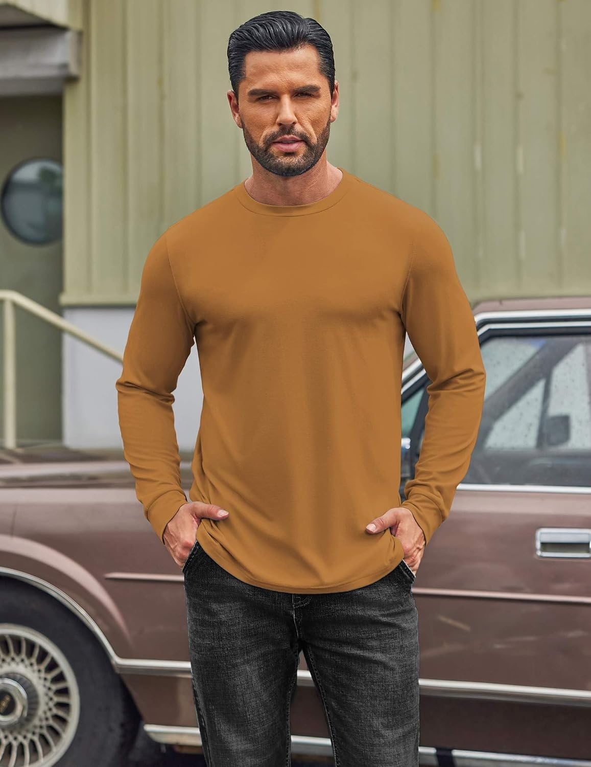 image:imageCOOFANDY Mens T Shirts Long Sleeve Cotton Blend TShirts Crew Neck Soft Casual Basic Tee ShirtsLight Brown