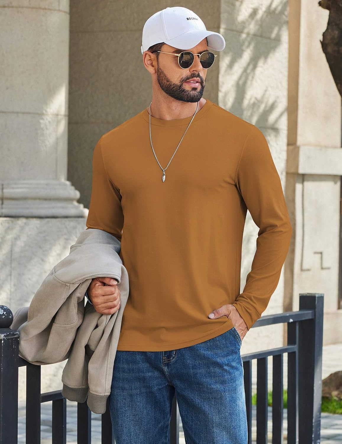 image:imageCOOFANDY Mens T Shirts Long Sleeve Cotton Blend TShirts Crew Neck Soft Casual Basic Tee ShirtsLight Brown