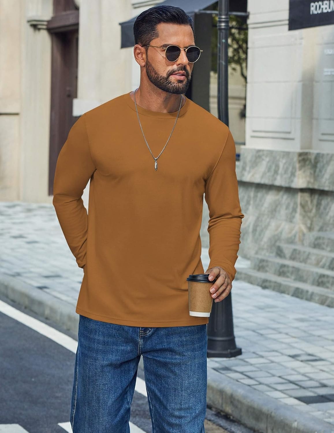 image:imageCOOFANDY Mens T Shirts Long Sleeve Cotton Blend TShirts Crew Neck Soft Casual Basic Tee ShirtsLight Brown