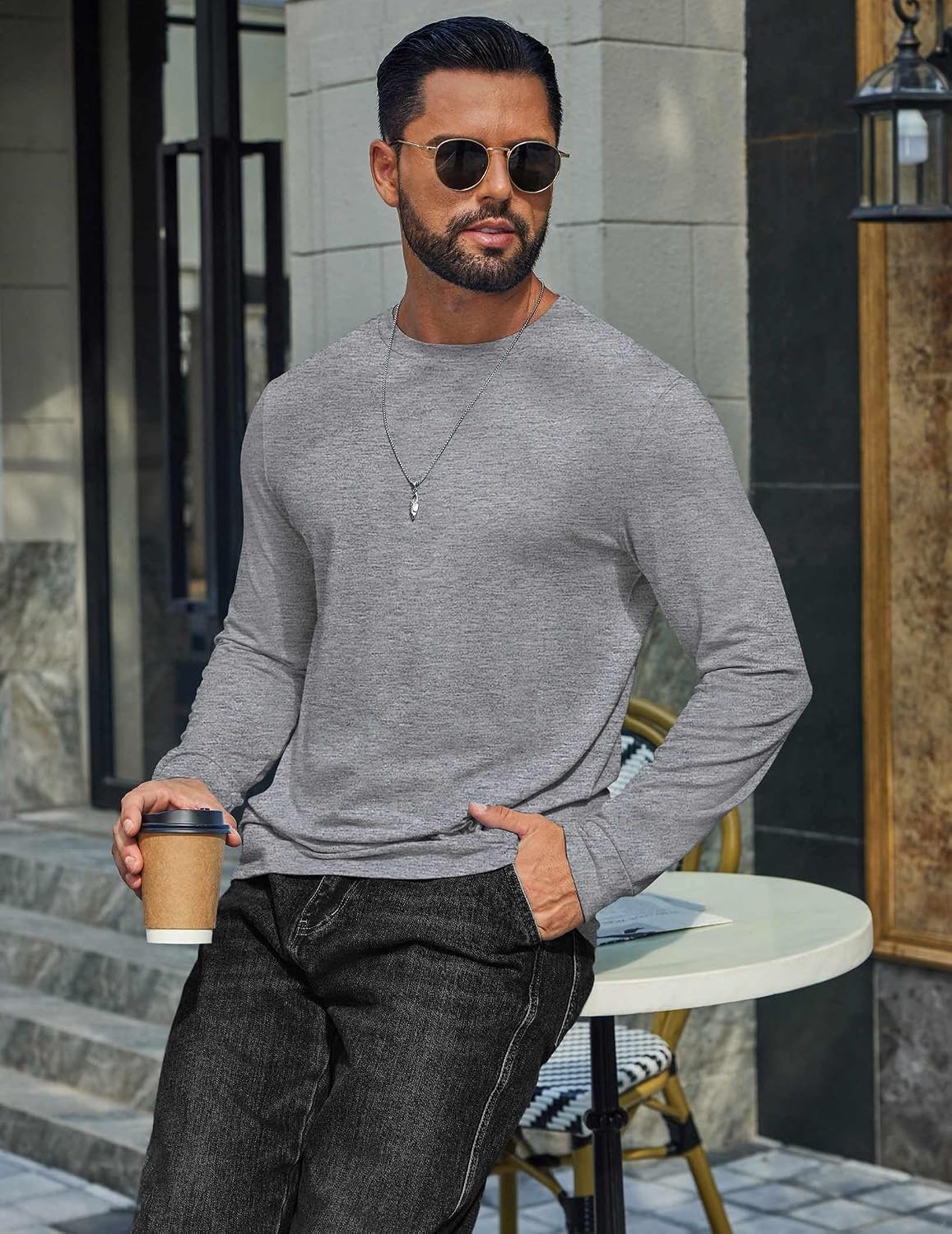 image:imageCOOFANDY Mens T Shirts Long Sleeve Cotton Blend TShirts Crew Neck Soft Casual Basic Tee ShirtsLight Grey