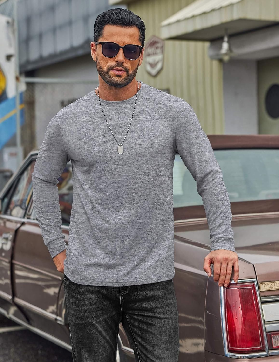 image:imageCOOFANDY Mens T Shirts Long Sleeve Cotton Blend TShirts Crew Neck Soft Casual Basic Tee ShirtsLight Grey