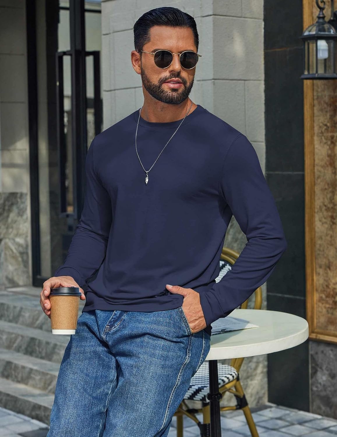 image:imageCOOFANDY Mens T Shirts Long Sleeve Cotton Blend TShirts Crew Neck Soft Casual Basic Tee ShirtsNavy Blue