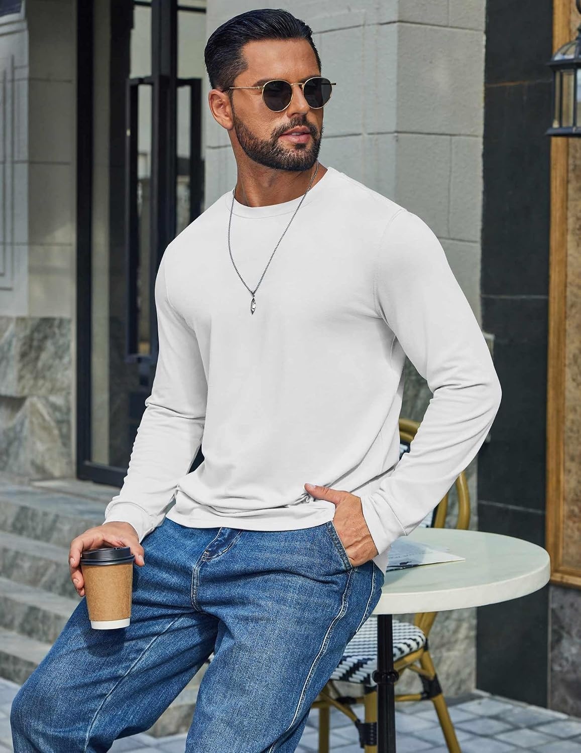 image:imageCOOFANDY Mens T Shirts Long Sleeve Cotton Blend TShirts Crew Neck Soft Casual Basic Tee ShirtsWhite