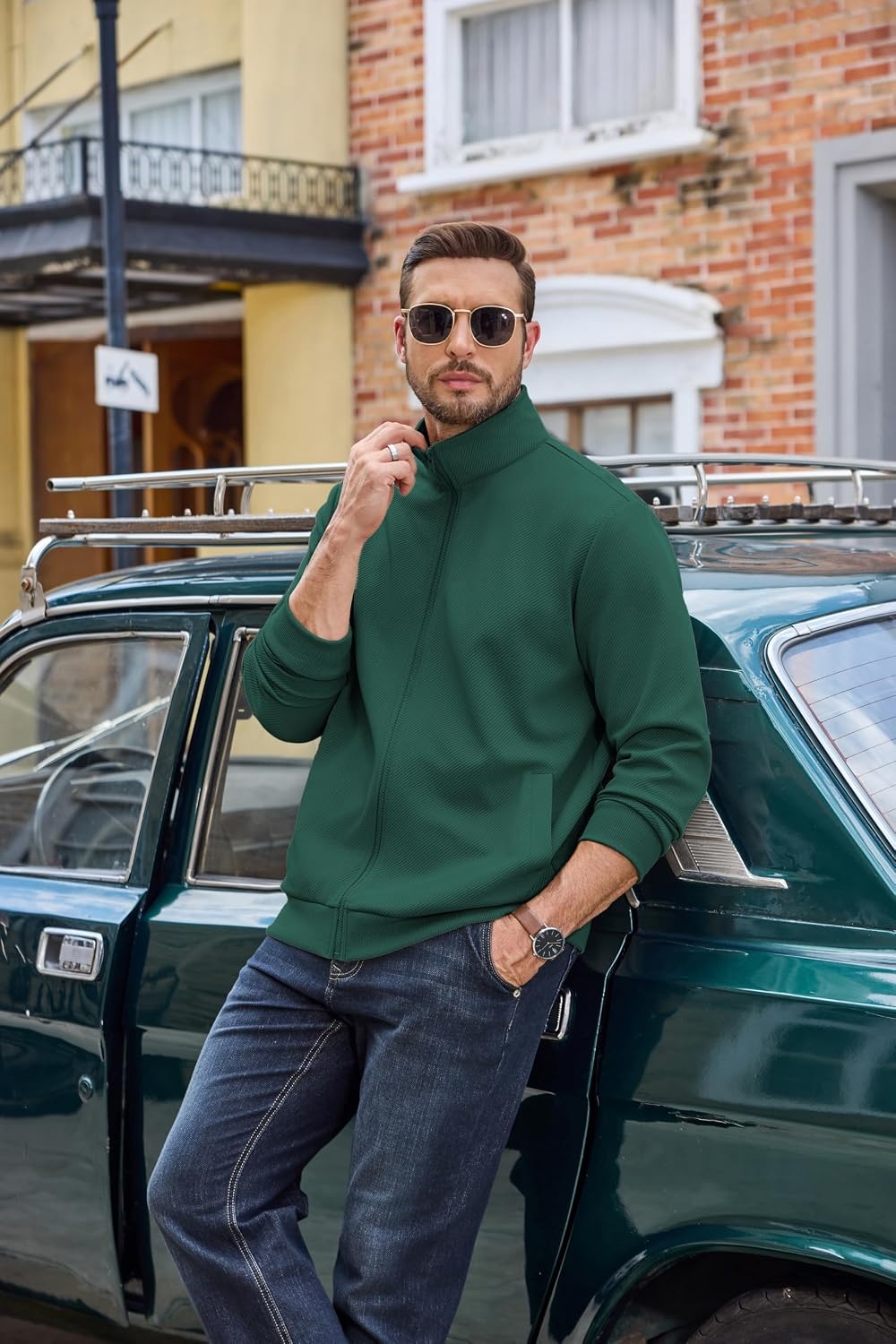 image:imageCOOFANDY Mens Zip Up Sweatshirt Casual Lightweight Jackets Full Zip Sweater Soft Knit Textured Fabric Stand Collar 2 Side Pockets Long Sleeve Fashion Stylish Ribbed Cuffs And Hem For Fall WinterGreen