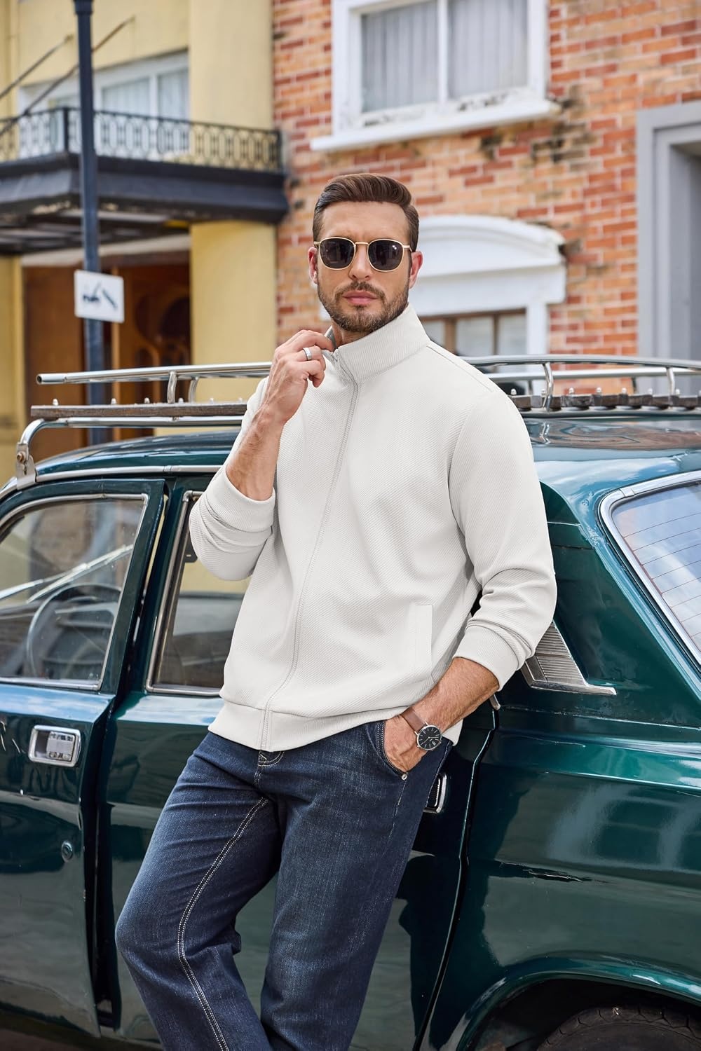 image:imageCOOFANDY Mens Zip Up Sweatshirt Casual Lightweight Jackets Full Zip Sweater Soft Knit Textured Fabric Stand Collar 2 Side Pockets Long Sleeve Fashion Stylish Ribbed Cuffs And Hem For Fall WinterWhite