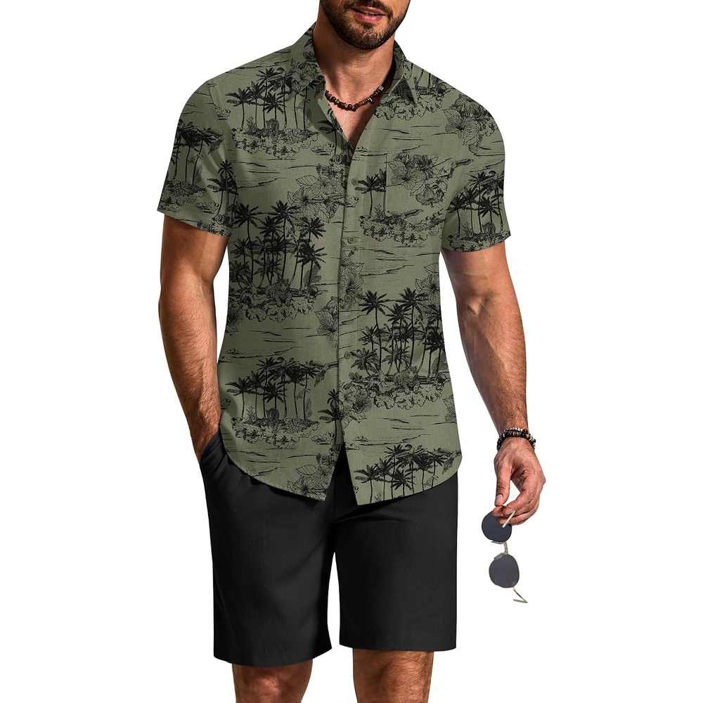 image:imageCOOFANDY 2 Piece Set for Men Cruise Outfits Set Mens Summer Vacation Outfit Short Sleeve Button Down ShirtsDark Green Print