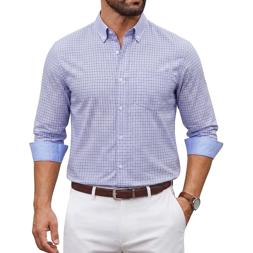 image:imageCOOFANDY Men Plaid Dress Shirts Long Sleeve Button Down Shirts Cotton Shirt Lightweight Dress Shirt Wrinkle Free Button Down Collar Classic Plaid Pattern Chest Pocket Casual Business ShirtsWhite Blue Plaid