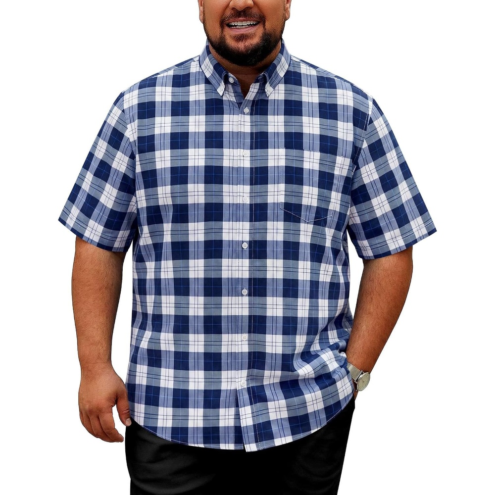 image:imageCOOFANDY Mens Big and Tall Short Sleeve Casual Button Down Plaid ShirtNavywhite