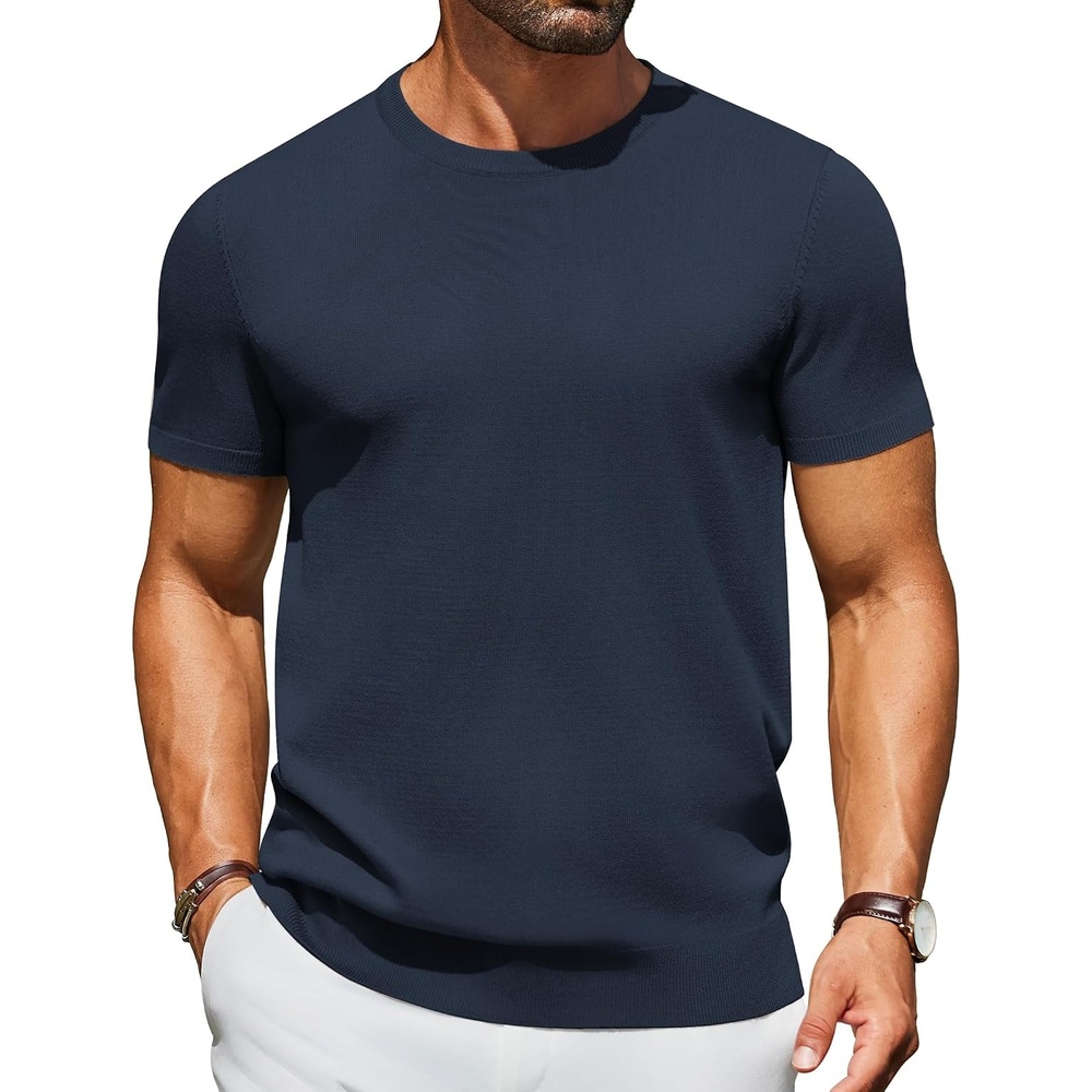 image:imageCOOFANDY Mens Casual TShirts Short Sleeve Crewneck Pullover Knit Tee  Classic Basic Top Knit Tees Round Neck Slim Fit Pullover TshirtNavy Blue