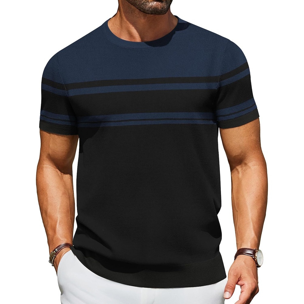 image:imageCOOFANDY Mens Casual TShirts Short Sleeve Crewneck Pullover Knit Tee Classic Basic Top Knit Tees Round Neck Slim Fit Pullover TshirtStripe Black Navy