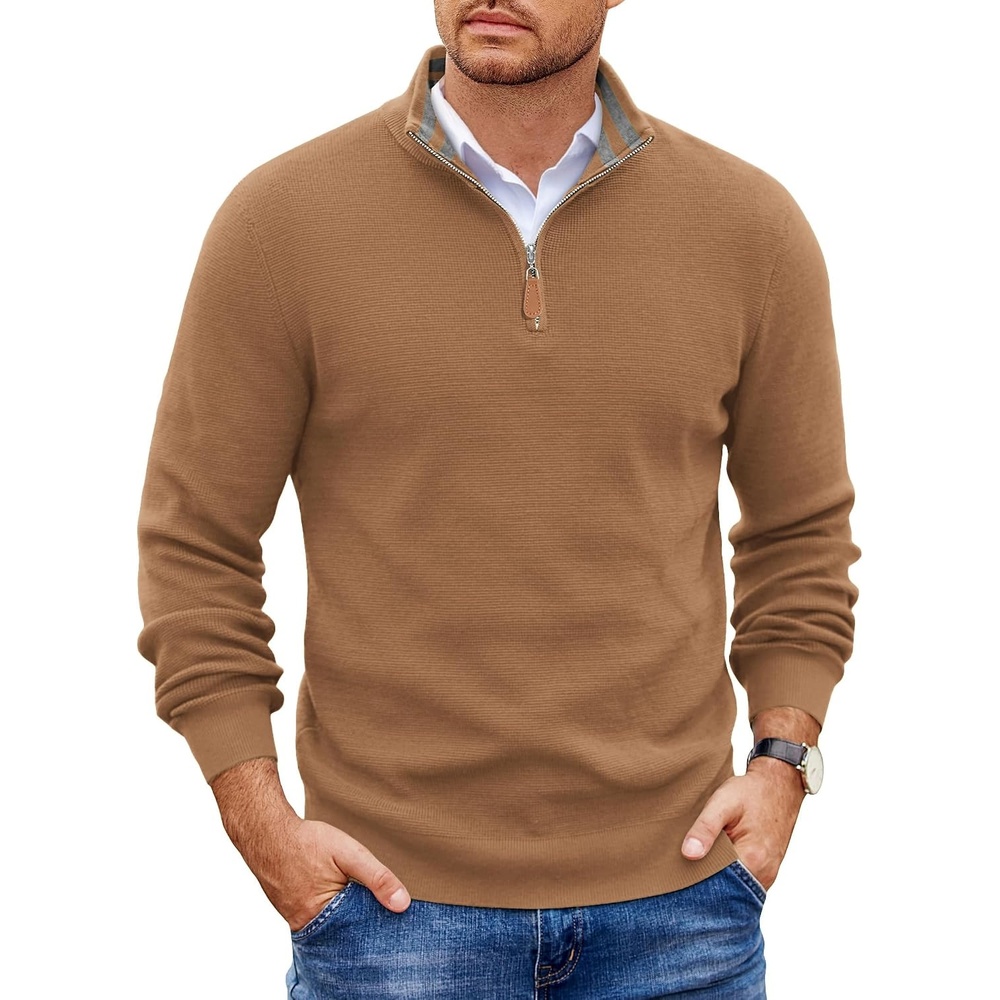 image:imageCOOFANDY Mens Quarter Zip Pullover Sweater Casual Mock Neck Knit Polo Contrast Collar Long Sleeve Warm Pullover Regular Fit Fall Winter 2026 Fashion Casual Business Golf Polo SweaterKhaki