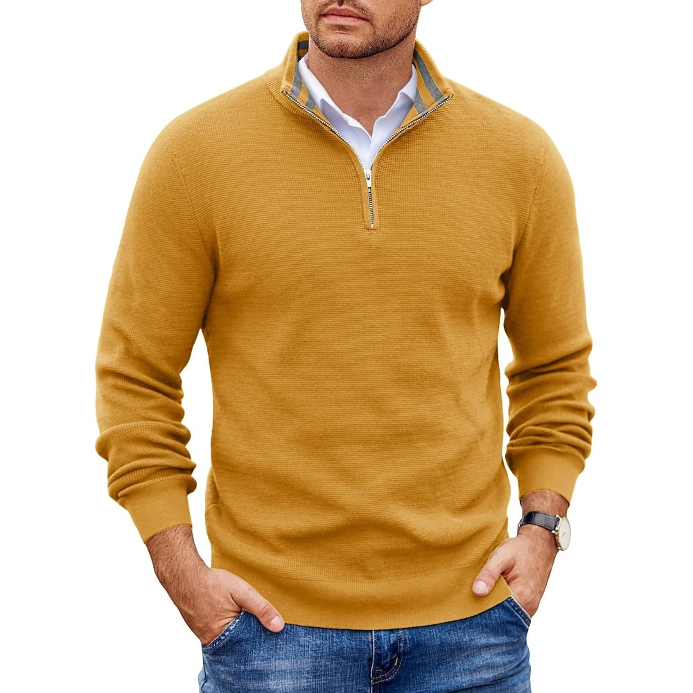 image:imageCOOFANDY Mens Quarter Zip Pullover Sweater Casual Mock Neck Knit Polo Contrast Collar Long Sleeve Warm Pullover Regular Fit Fall Winter 2026 Fashion Casual Business Golf Polo SweaterYellow