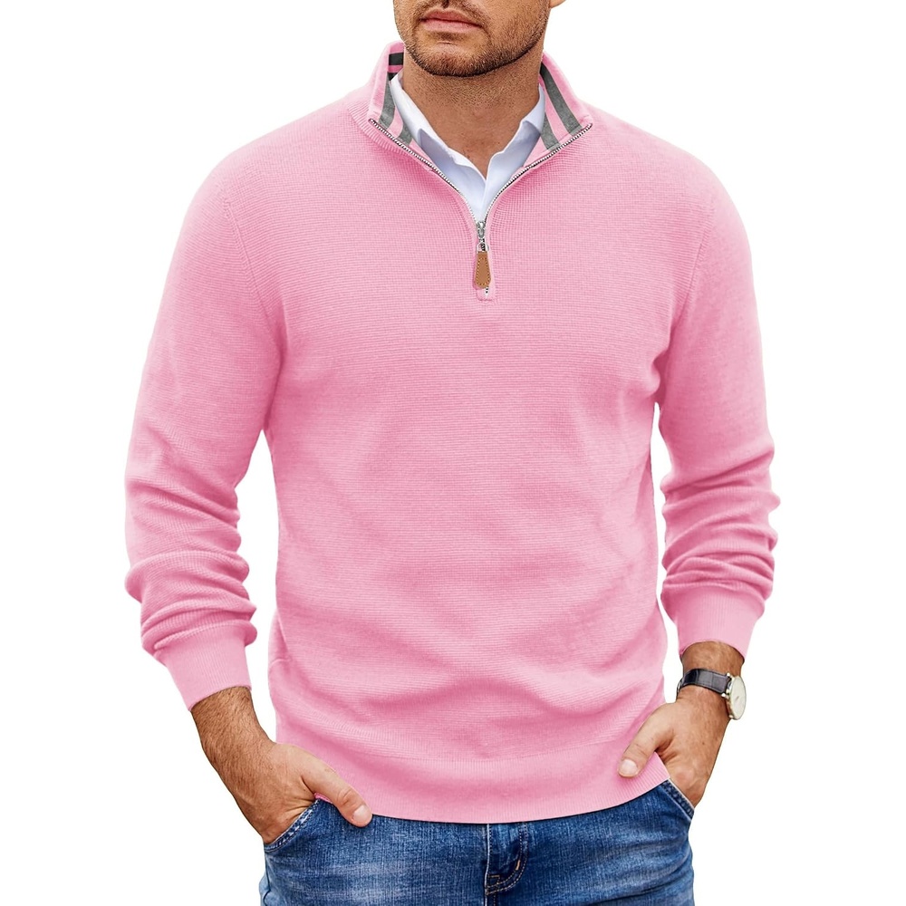 image:imageCOOFANDY Mens Quarter Zip Pullover Sweater Casual Mock Neck Knit Polo Contrast Collar Long Sleeve Warm Pullover Regular Fit Fall Winter 2026 Fashion Casual Business Golf Polo SweaterPink