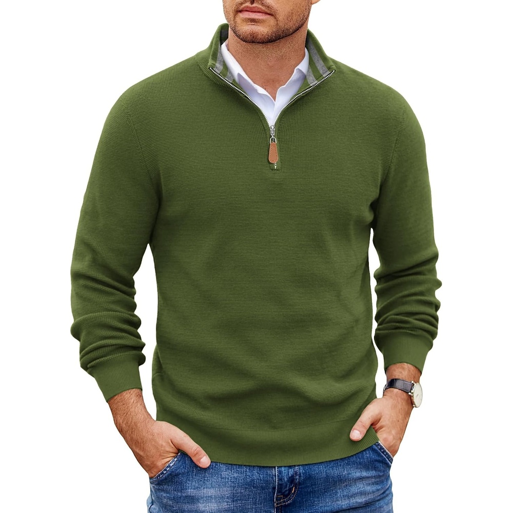 image:imageCOOFANDY Mens Quarter Zip Pullover Sweater Casual Mock Neck Knit Polo Contrast Collar Long Sleeve Warm Pullover Regular Fit Fall Winter 2026 Fashion Casual Business Golf Polo SweaterArmy Green