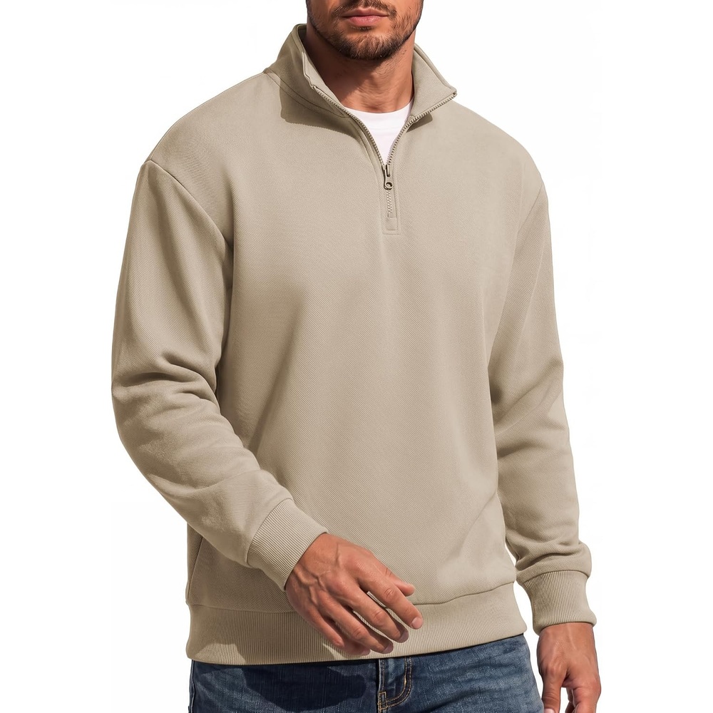 image:imageCOOFANDY Mens Quarter Zip Sweatshirt Fleece Mock Neck Casual Sweater Fleece Lined Drop Shoulder Relaxed Fit Ribbed Cuffs Ribbed Hem Warm Lining Long Sleeve Daily Wear Fall Winter FashionLight Khaki