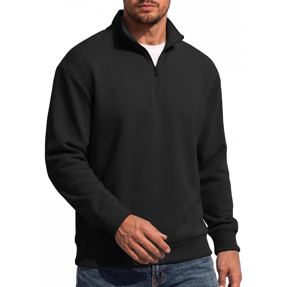 image:imageCOOFANDY Mens Quarter Zip Sweatshirt Fleece Mock Neck Casual Sweater  Fleece Lined Drop Shoulder Relaxed Fit Ribbed Cuffs Ribbed Hem Warm Lining Long Sleeve Daily Wear Fall Winter FashionBlack