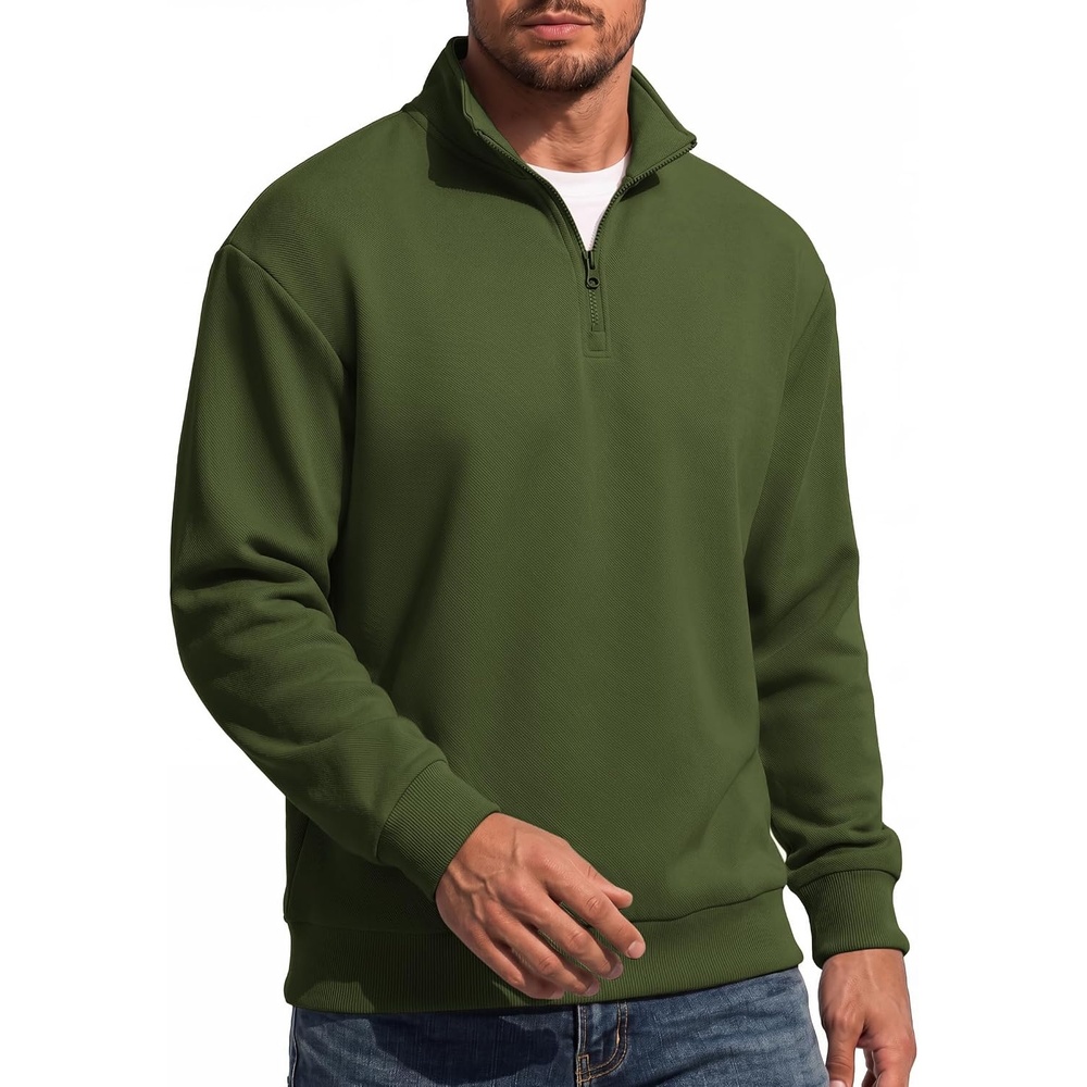 image:imageCOOFANDY Mens Quarter Zip Sweatshirt Fleece Mock Neck Casual Sweater Fleece Lined Drop Shoulder Relaxed Fit Ribbed Cuffs Ribbed Hem Warm Lining Long Sleeve Daily Wear Fall Winter FashionArmy Green