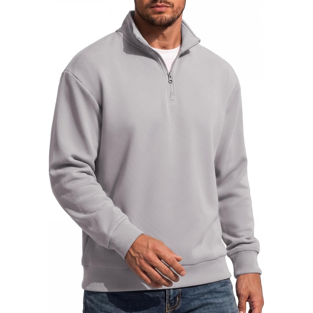image:imageCOOFANDY Mens Quarter Zip Sweatshirt Fleece Mock Neck Casual Sweater Fleece Lined Drop Shoulder Relaxed Fit Ribbed Cuffs Ribbed Hem Warm Lining Long Sleeve Daily Wear Fall Winter FashionLight Grey