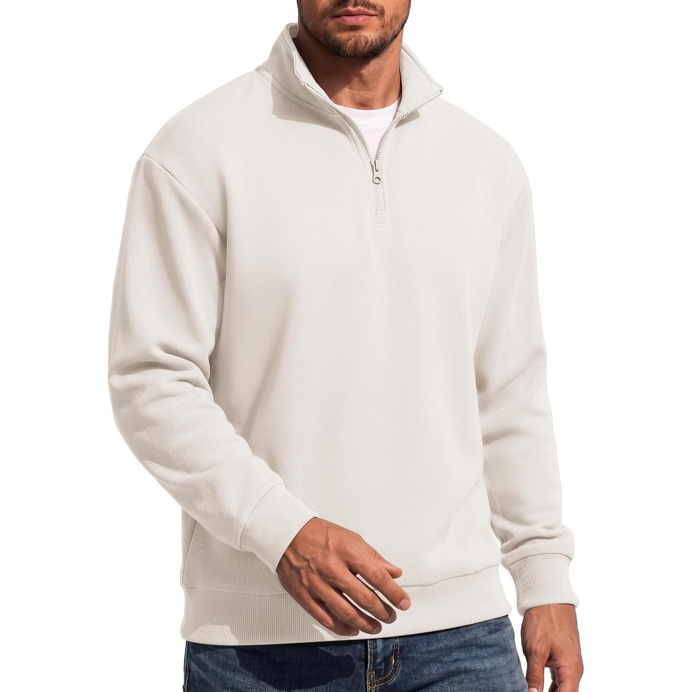 image:imageCOOFANDY Mens Quarter Zip Sweatshirt Fleece Mock Neck Casual Sweater Fleece Lined Drop Shoulder Relaxed Fit Ribbed Cuffs Ribbed Hem Warm Lining Long Sleeve Daily Wear Fall Winter FashionWhite