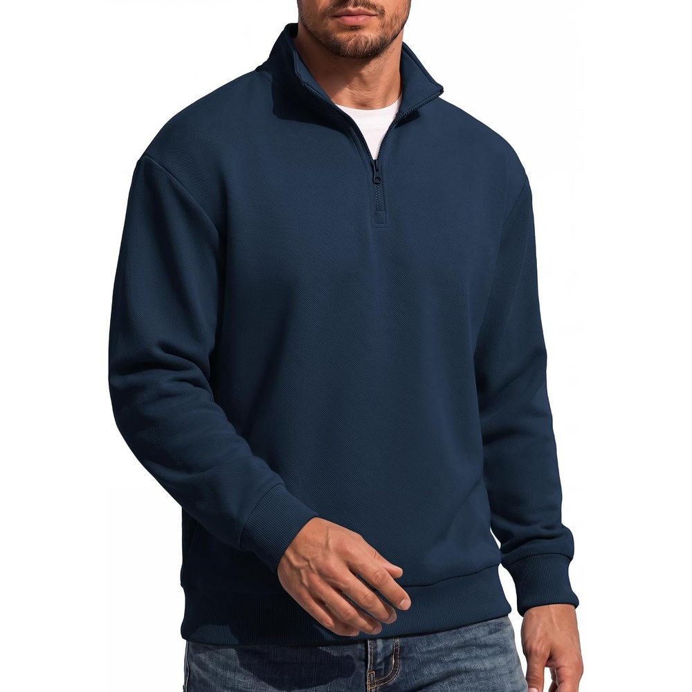 image:imageCOOFANDY Mens Quarter Zip Sweatshirt Fleece Mock Neck Casual Sweater Fleece Lined Drop Shoulder Relaxed Fit Ribbed Cuffs Ribbed Hem Warm Lining Long Sleeve Daily Wear Fall Winter FashionNavy Blue