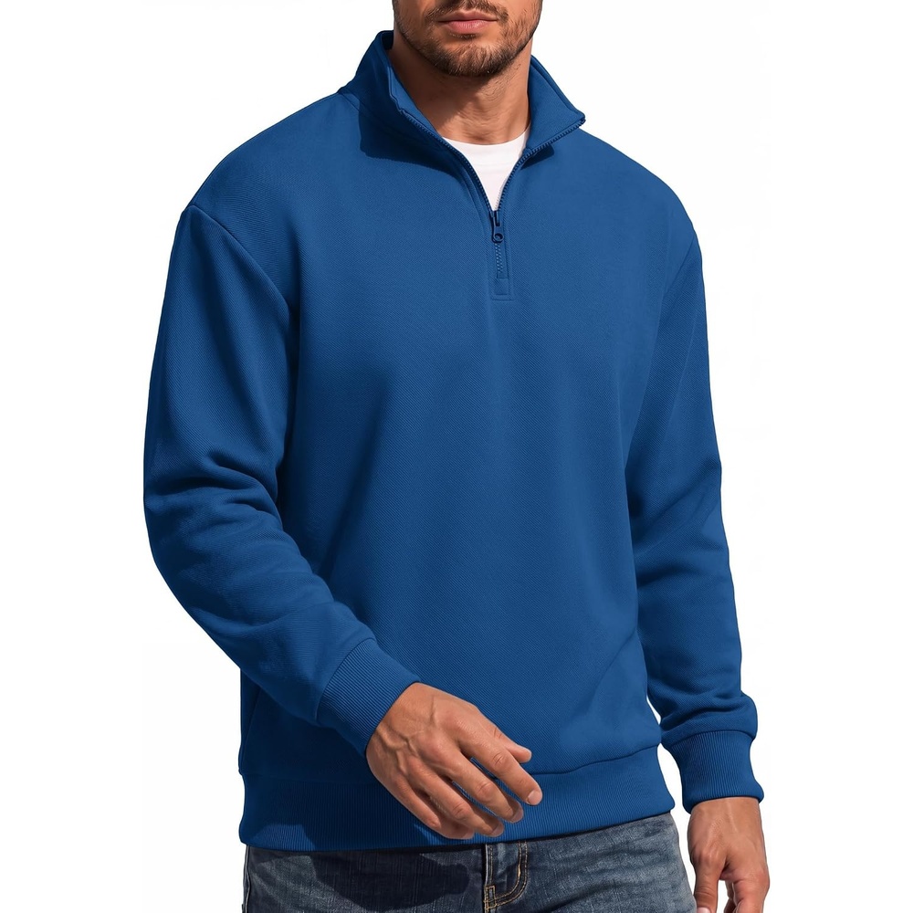 image:imageCOOFANDY Mens Quarter Zip Sweatshirt Fleece Mock Neck Casual Sweater  Fleece Lined Drop Shoulder Relaxed Fit Ribbed Cuffs Ribbed Hem Warm Lining Long Sleeve Daily Wear Fall Winter FashionBlue