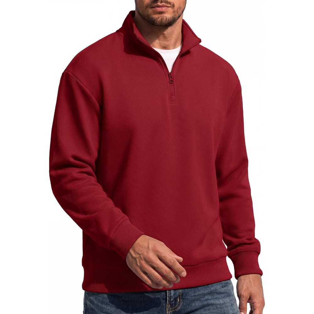 image:imageCOOFANDY Mens Quarter Zip Sweatshirt Fleece Mock Neck Casual Sweater Fleece Lined Drop Shoulder Relaxed Fit Ribbed Cuffs Ribbed Hem Warm Lining Long Sleeve Daily Wear Fall Winter FashionWine Red