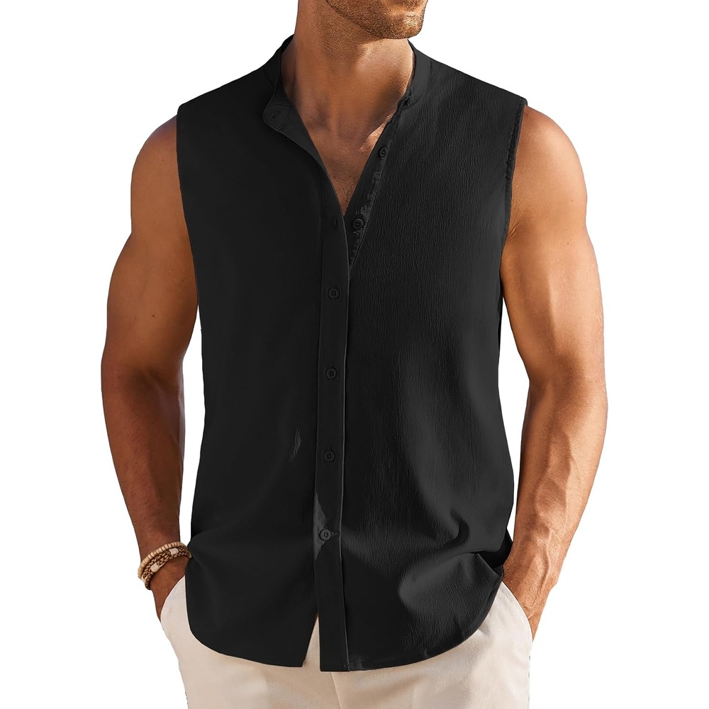 image:imageCOOFANDY Mens Sleeveless Button Up Shirts Summer Beach Tank Top Collarless Casual Vacation Cruise Sleeveless Dress Shirt Button Up and Turn Down Collrar Design Light Weight Breathable Cool FabricBlack