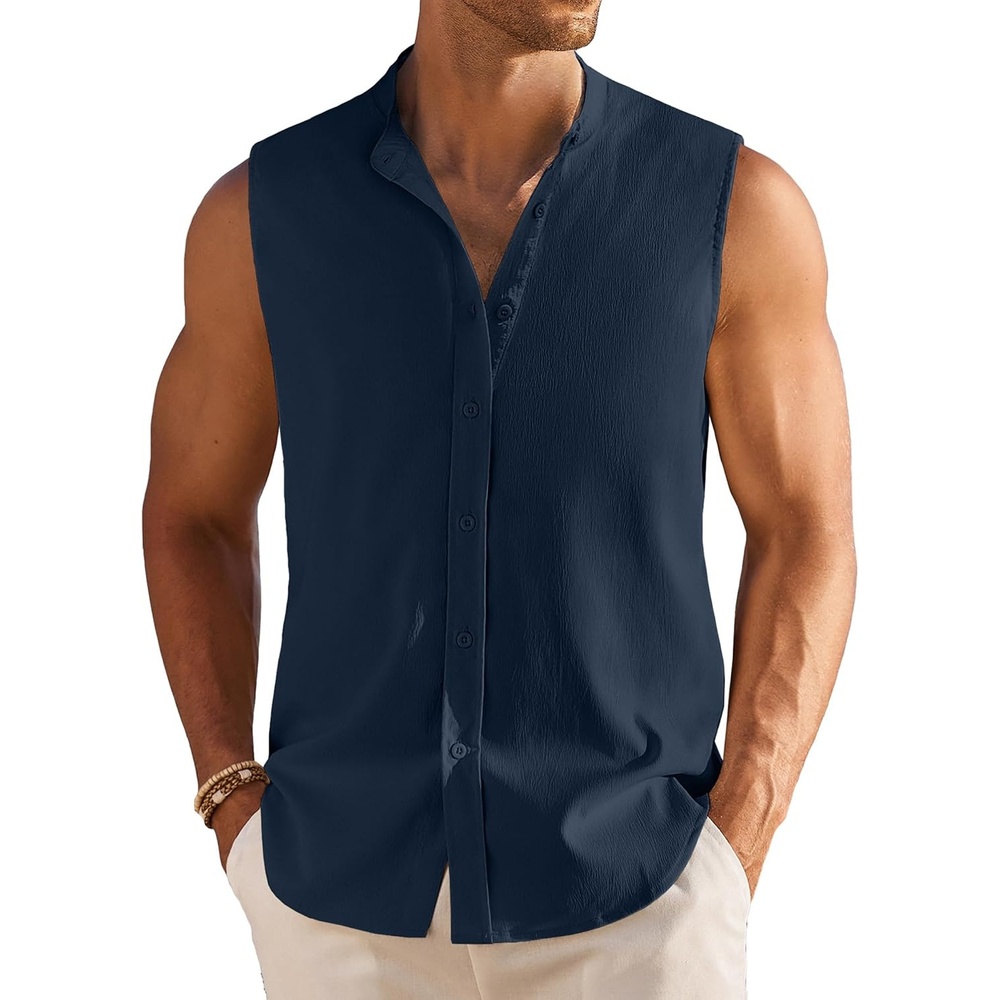 image:imageCOOFANDY Mens Sleeveless Button Up Shirts Summer Beach Tank Top Collarless Casual Vacation Cruise Sleeveless Dress Shirt Button Up and Turn Down Collrar Design Light Weight Breathable Cool FabricDeep Blue