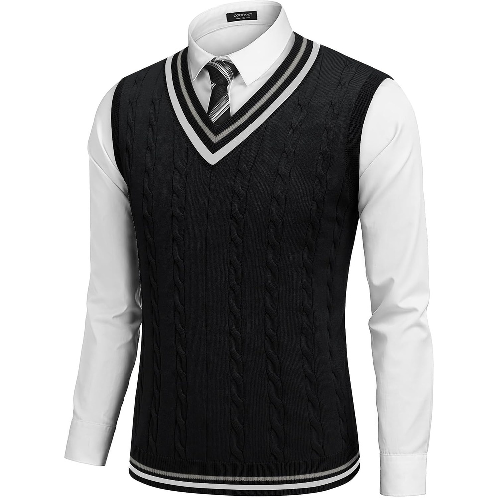image:imageCOOFANDY Mens Sweater Vest V Neck Casual Sleeveless Knit Pullover Sweater Classic Cable Knitted Striped VNeck Lightweight Stylish Basic Regular Fit Casual Uniform Dress School Winter ChristmasBlack