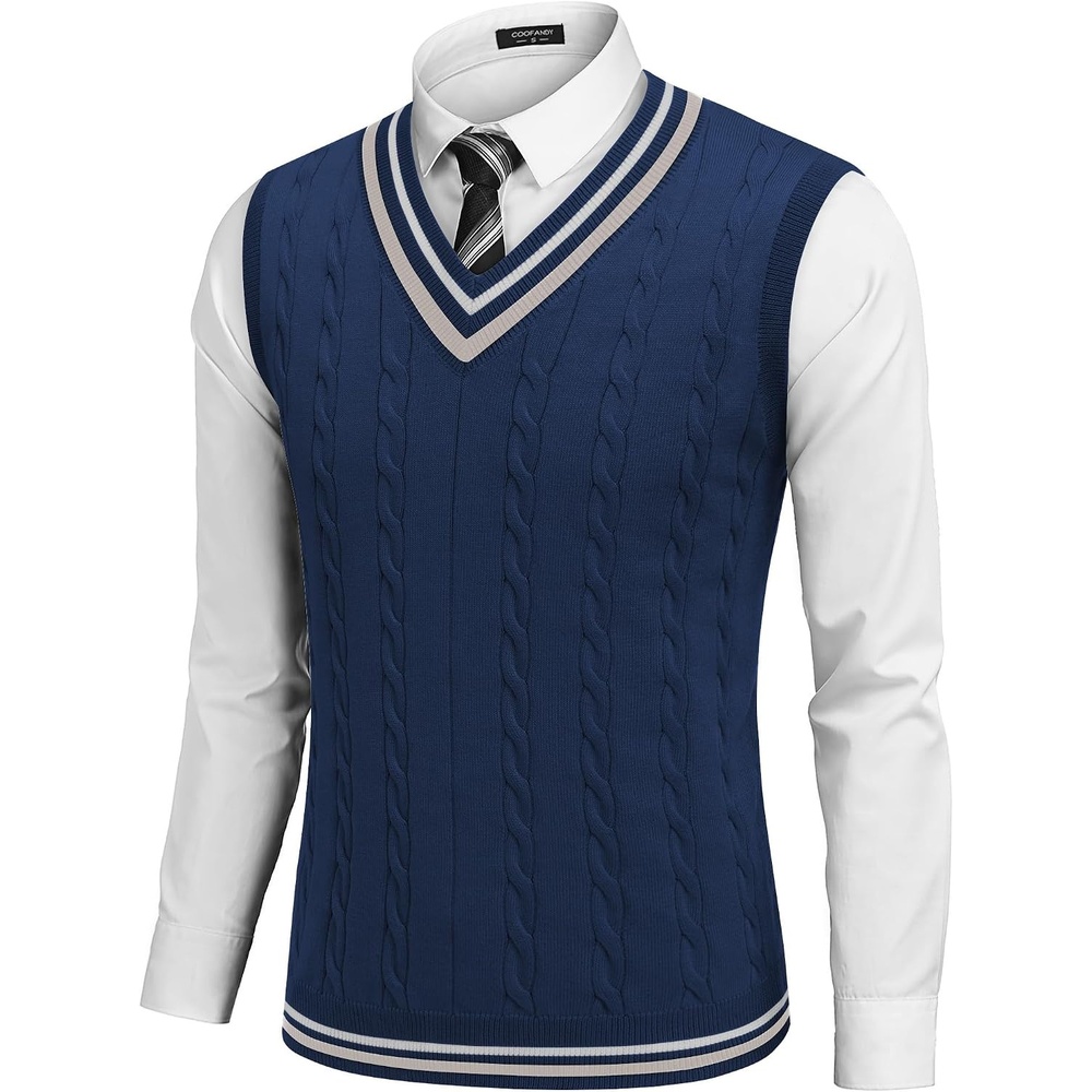 image:imageCOOFANDY Mens Sweater Vest V Neck Casual Sleeveless Knit Pullover Sweater Classic Cable Knitted Striped VNeck Lightweight Stylish Basic Regular Fit Casual Uniform Dress School Winter ChristmasNavy Blue