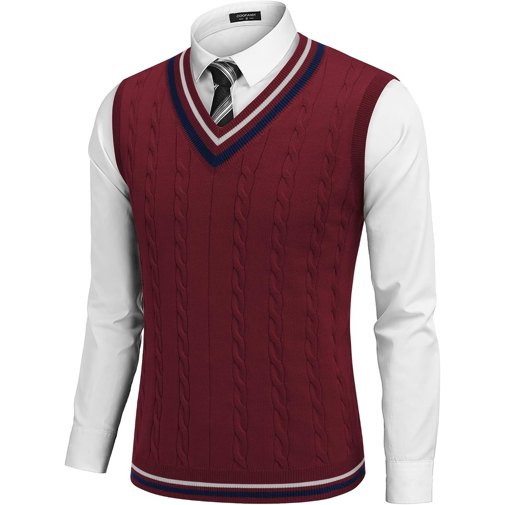 image:imageCOOFANDY Mens Sweater Vest V Neck Casual Sleeveless Knit Pullover Sweater Classic Cable Knitted Striped VNeck Lightweight Stylish Basic Regular Fit Casual Uniform Dress School Winter ChristmasDark Red