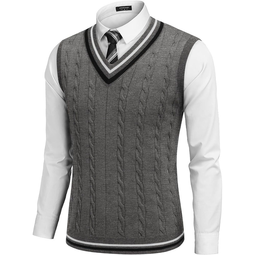 image:imageCOOFANDY Mens Sweater Vest V Neck Casual Sleeveless Knit Pullover Sweater Classic Cable Knitted Striped VNeck Lightweight Stylish Basic Regular Fit Casual Uniform Dress School Winter ChristmasDark Grey