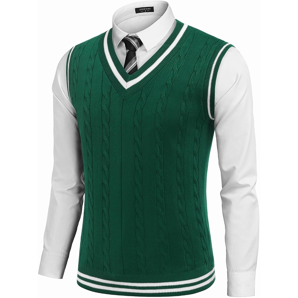 image:imageCOOFANDY Mens Sweater Vest V Neck Casual Sleeveless Knit Pullover Sweater Classic Cable Knitted Striped VNeck Lightweight Stylish Basic Regular Fit Casual Uniform Dress School Winter ChristmasLake Green White Stripe