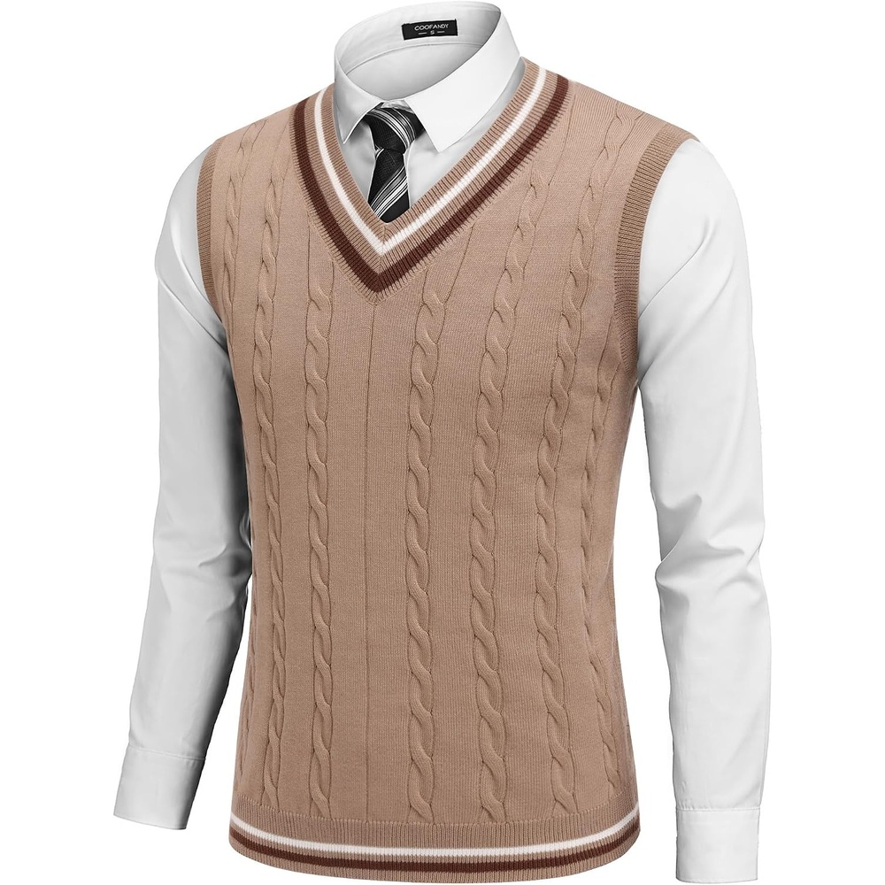 image:imageCOOFANDY Mens Sweater Vest V Neck Casual Sleeveless Knit Pullover Sweater Classic Cable Knitted Striped VNeck Lightweight Stylish Basic Regular Fit Casual Uniform Dress School Winter ChristmasKhaki